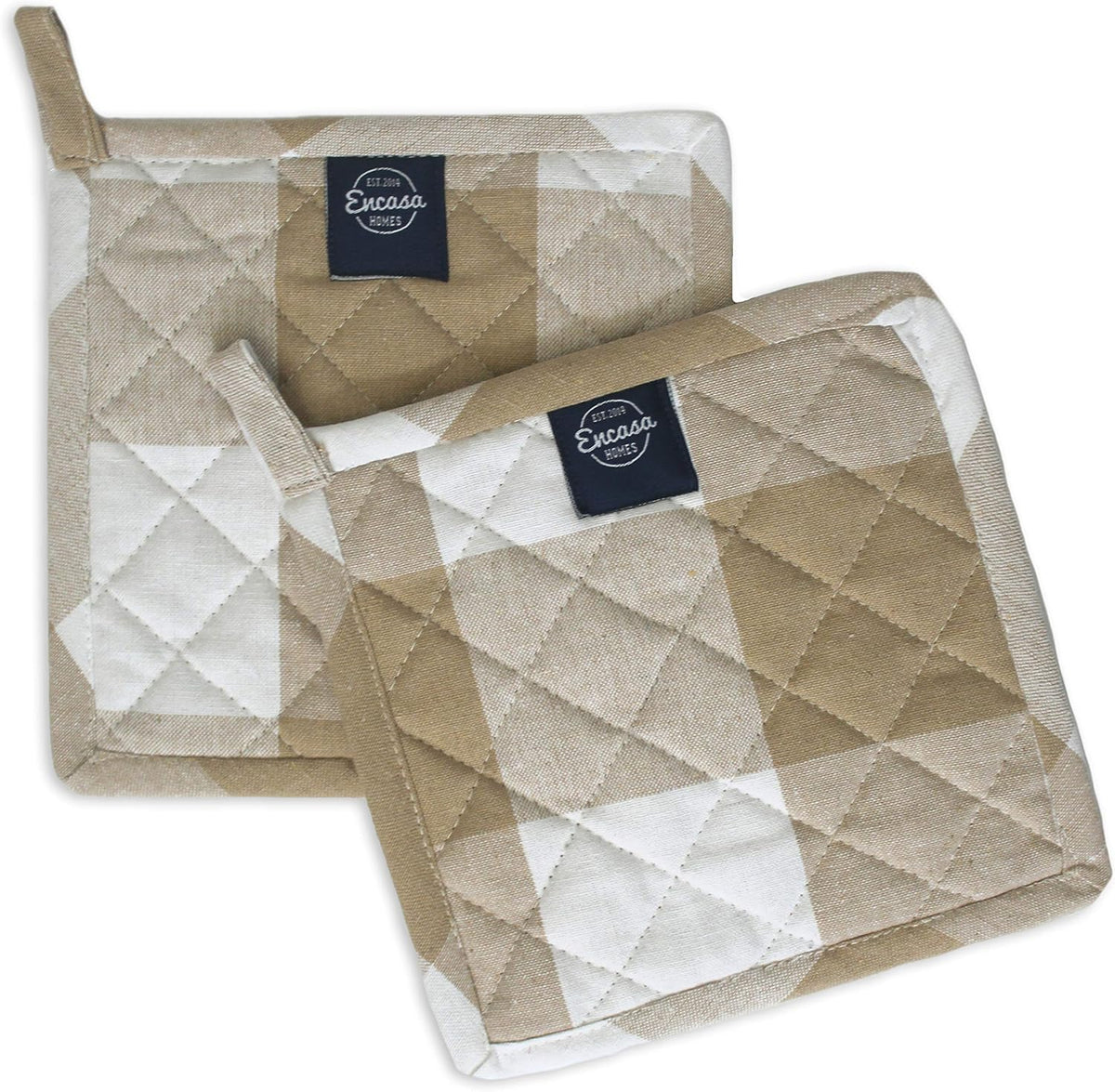 Encasa Homes 8 inches Oven Microwave Potholders (2 pc Set) for Kitchen Cooking & Baking - Heat Resistant, Thick & Safe, Protection of Hands from Hot Utensils - Buffalo Beige Checks