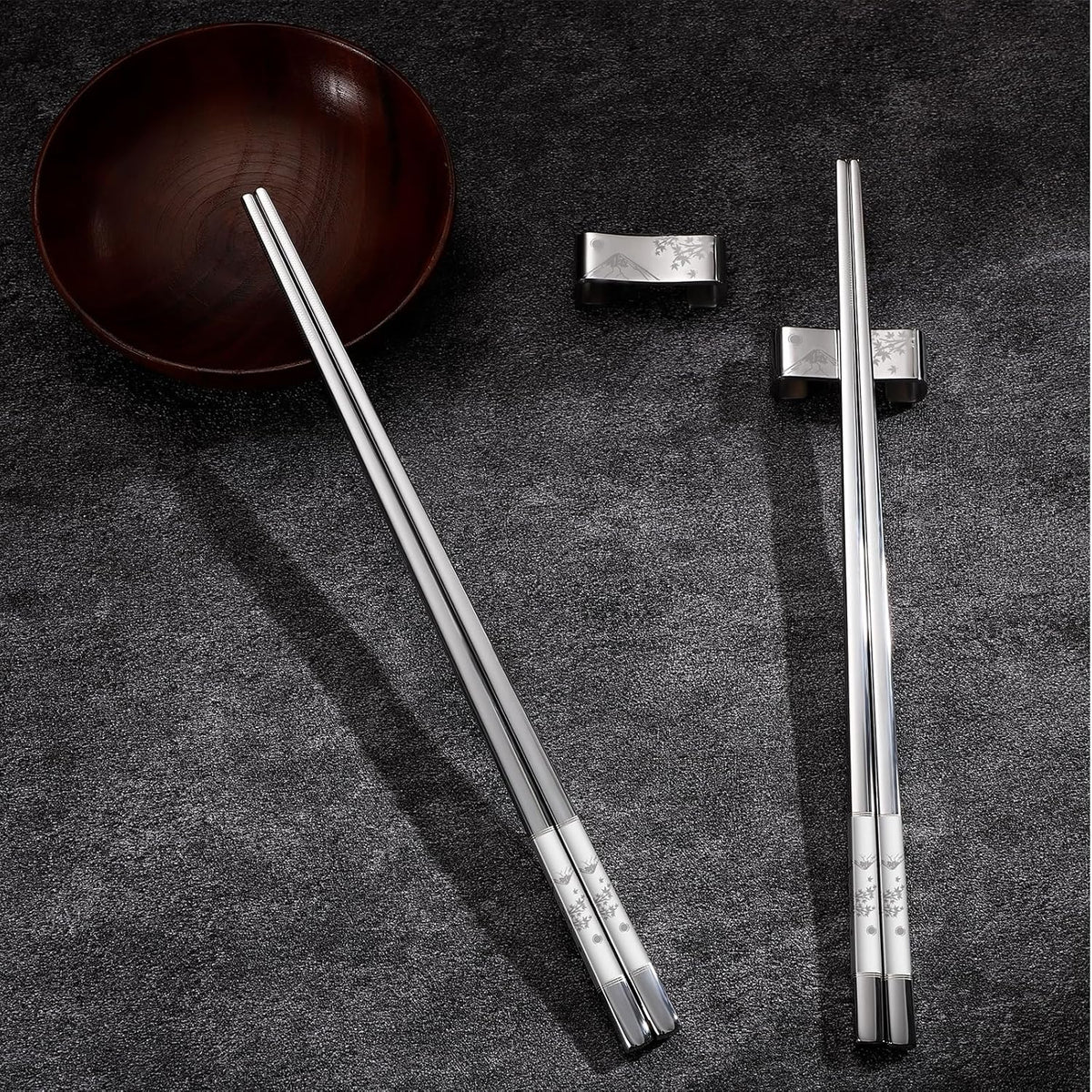 Metal Chopsticks Reusable 2 Pairs Titanium Plated 18/8 Stainless Steel Chopsticks with Holder, Dishwasher Safe Non-Slip Japanese Style Laser Engraved Chop Sticks Gift Set (Silver)