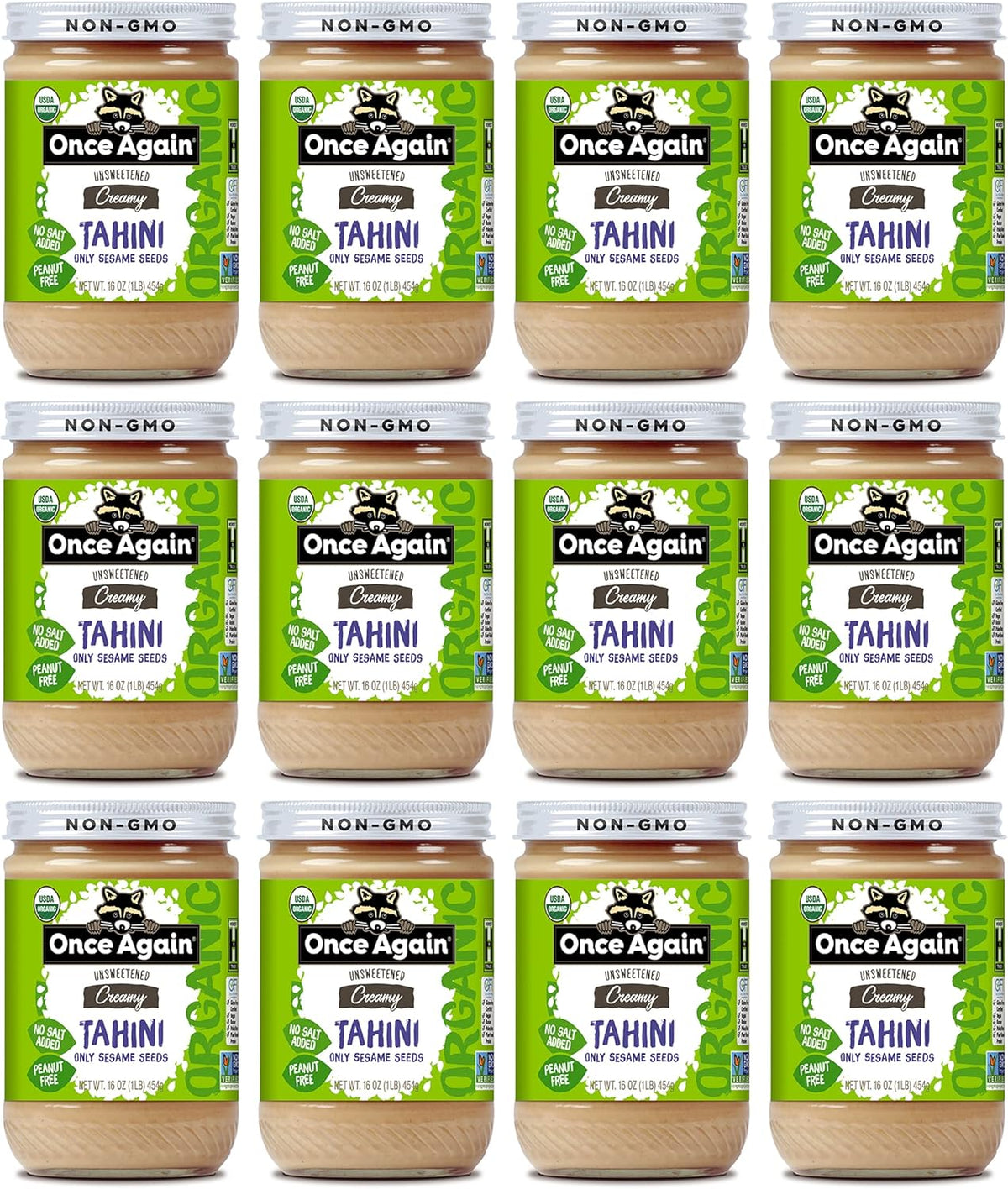 Once Again Organic Sesame Tahini, 16oz - Salt Free, Unsweetened - USDA Organic, Gluten Free, Vegan, Kosher, Peanut Free - Glass Jar - Case of 12
