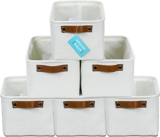 OrganiHaus Small Fabric Storage Baskets for Shelves 6 Pack, 12x8in Closet Storage Bins for Shelves, Cloth Baskets for Organizing, Linen Closet Organizers, Fabric Basket, White Basket