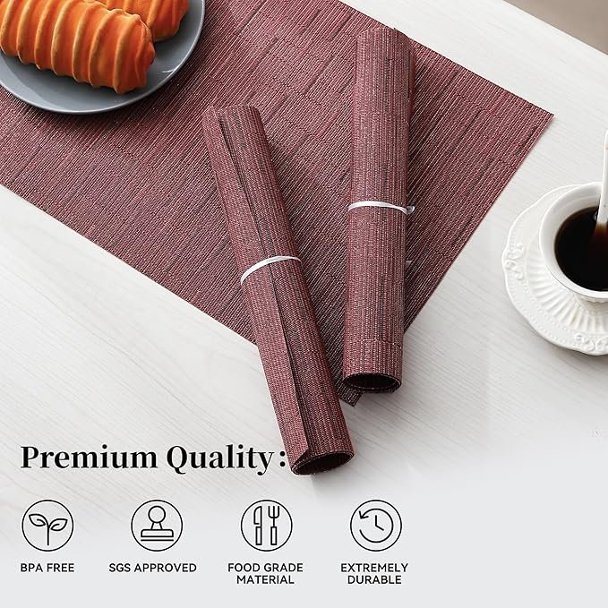 Leetaltree Burgundy Placemats Set of 12 - Heat Resistant Non-Slip Place mats for Dining Table, Washable Durable PVC Vinyl Woven Table Mats（Burgundy, 12）