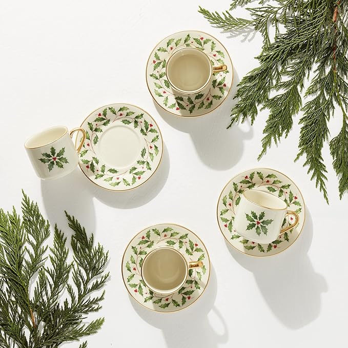 Lenox 894178 Holiday 4-Piece Espresso Cup & Saucer Set, Christmas Dinnerware, Hosting