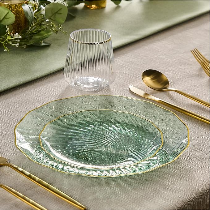 PLASTICPRO 30 Pack Plastic Plates Set of 15-10 inch Plates and 15-7 inch Plates, Elegant Clear Green Spiral and Gold Rim Disposable Fancy Plates Premium Heavyweight