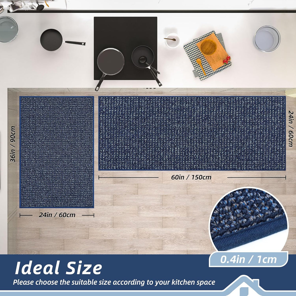 BEQHAUSE Kitchen Rugs and Mats 2PCS, Non-Slip Kitchen Mats for Floor, Absorbent and Stain Resistant Kitchen Runner, Machine Washable Rugs for Kitchen, Laundry & Sink, 24"x36"+24"x60", Blue