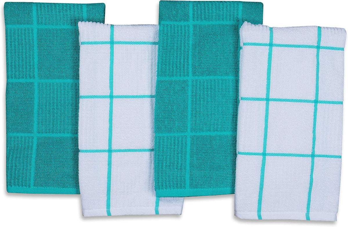AMOUR INFINI Kitchen Towels Pack of 4 Absorbent, Quick Drying Premium Terry Cotton Dish Towel with Hanging Loop 16x28 Inch Hand & Tea Towels (Teal)
