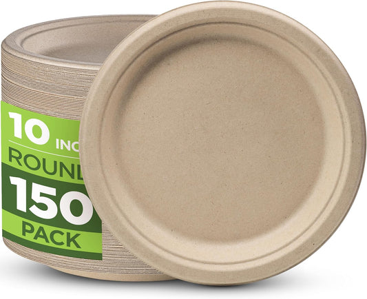 100% Compostable Paper Plates 150 Pack, 10 Inch Heavy Duty Biodegradable Microwavable Disposable Brown Dinner Plates, Made of Eco-Friendly, Natural Unbleached Sugarcane Bagasse