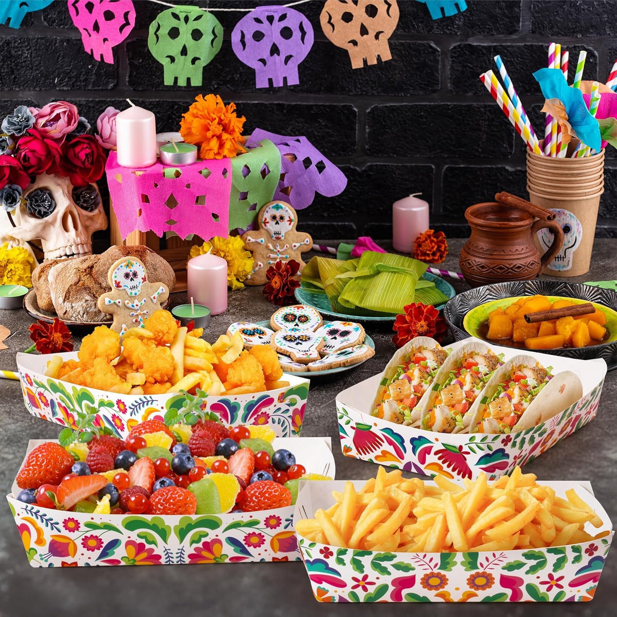 Mexican Taco Nights Food Trays - 60P Hispanic Heritage Month Flowers Unassembled Trays Nacho Snack Candy Holder Disposable Paper Plates Birthday Carnival Party Harvest Picnic Food Containers