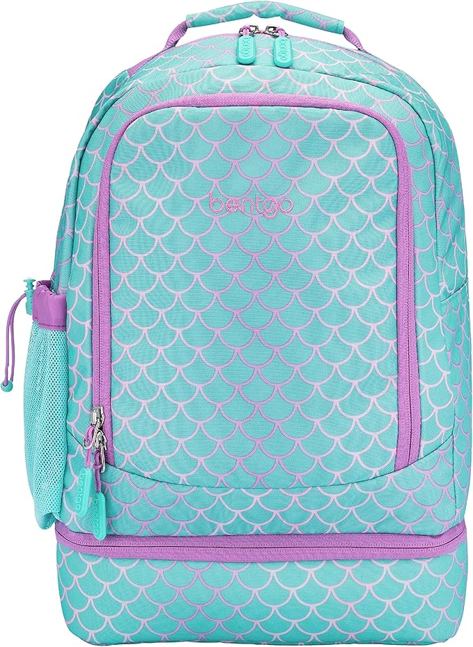 Bentgo Kids 2-in-1 Backpack & Insulated Lunch Bag - Durable 16” Backpack & Lunch Container in Unique Prints for School & Travel - Water Resistant, Padded & Large Compartments (Mermaid Scales)