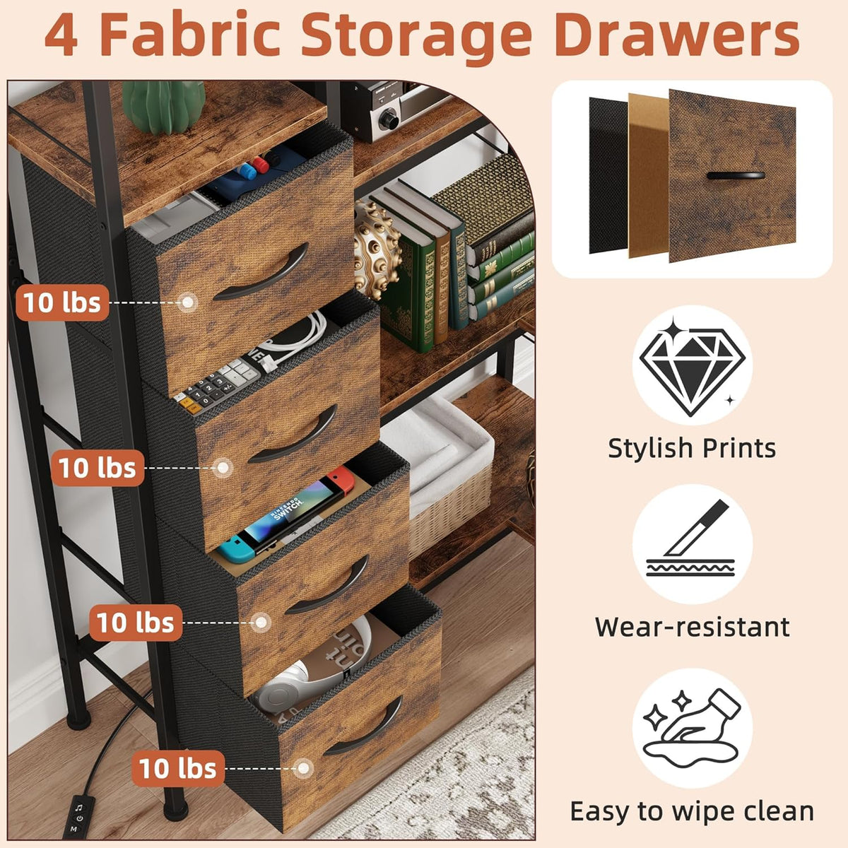 Corner Bookshelf with LED Light Strips & 4 Fabric Drawers, 5-Tier Convertible Corner Shelf with Display Shelf, Large Wood Industrial Bookcase for Living Room, Bedroom, Home Office, Rustic Brown