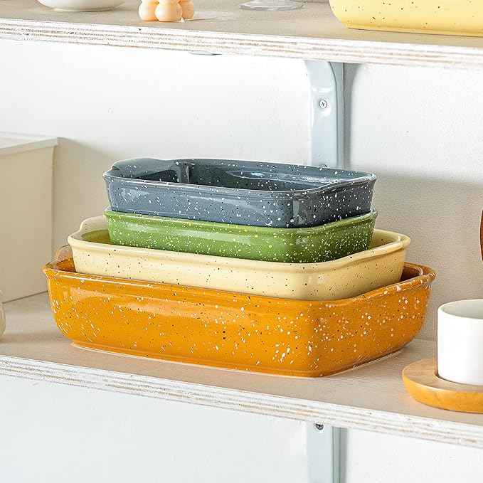 Ceramic Bakeware Dish Set of 3, Rectangular Baking Casserole for Oven,High Heat Resistant,Lasagna Pan Deep with Handles,Handcraft Speckle Series (13.8''/12''/9.6''Grey)