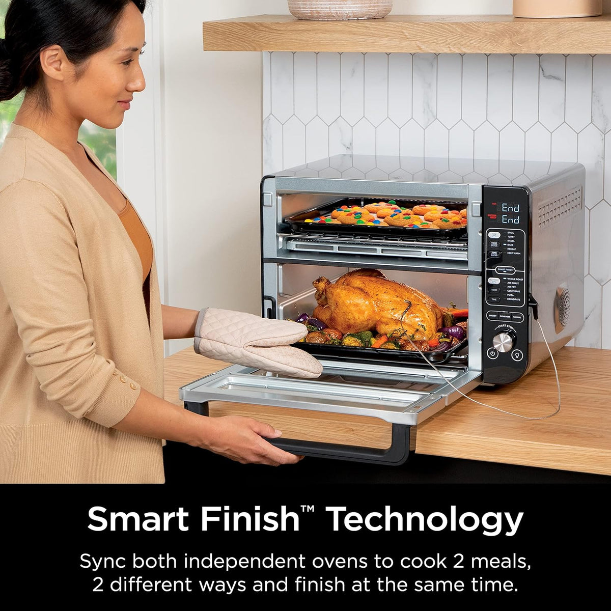Ninja DCT451 12-in-1 Smart Double Oven with FlexDoor, Thermometer, FlavorSeal, Smart Finish, Rapid Top Convection and Air Fry Bottom , Stainless Steel