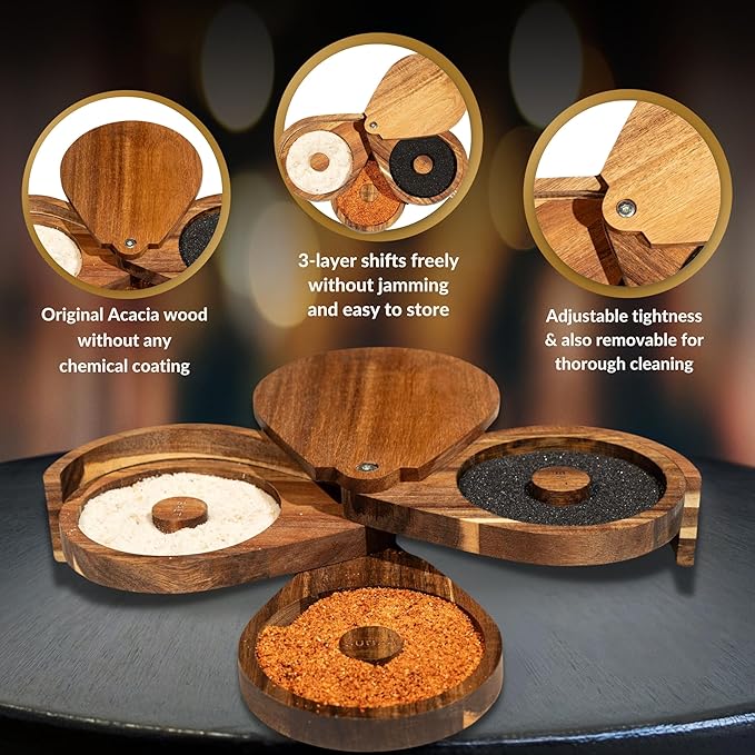 Margarita Salt Rimmer Set for Cocktails | 3 Tier Acacia Wood Glass Rimmer for Salt/Sugar/Lime Seasoning for Bloody Mary, Tequila | Drink Accessories for Bar (With Sponges)