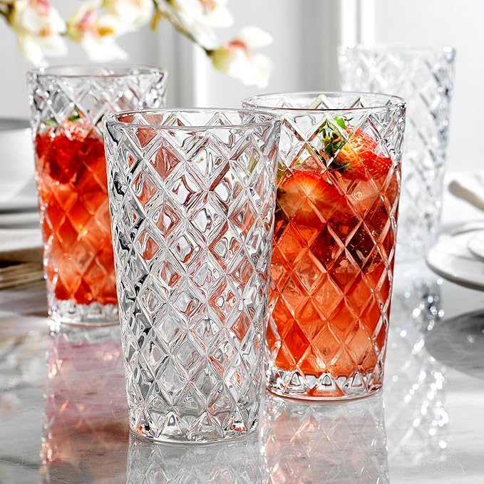 Glaver's Drinking Glasses - Set of 10-14oz. Highball Glass Cups - Dishwasher Safe Cocktail - Diamond Cut Shape - Tall Beer Glasses, Water Glasses, Bar Glass, Wine, Juice, Iced Tea