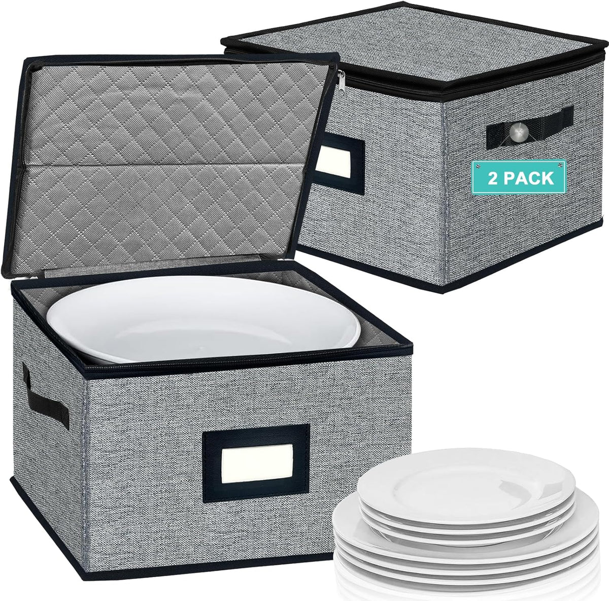 homyfort China Storage Containers - Dinner Plate Storage with Lid, Handles, Hard Shell Dinnerware Protectors for Moving Bowls, Saucer, Padded Protective Storage, 12x12, 2 Pack