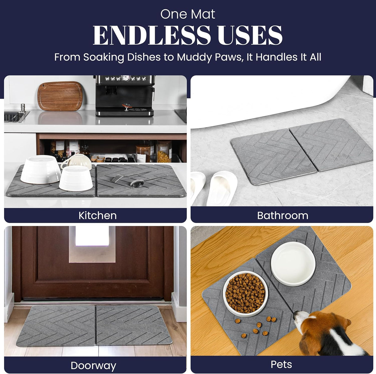 Large Folding Stone Dish Drying Mat for Kitchen Counter – Super Absorbent Diatomite Pad for Dishes, Cups & Bottles – Quick Dry, Space-Saving, Multi-Use Kitchen, Bath & Pet Mat – 23”×15.3”