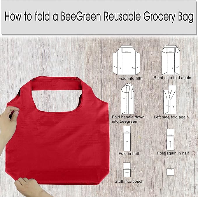 BeeGreen Christmas Red Reusable Grocery Bags Shopping Bags Bulk 10 Packs 50LBS X-Large Foldable-Machine Washable-Heavy Duty