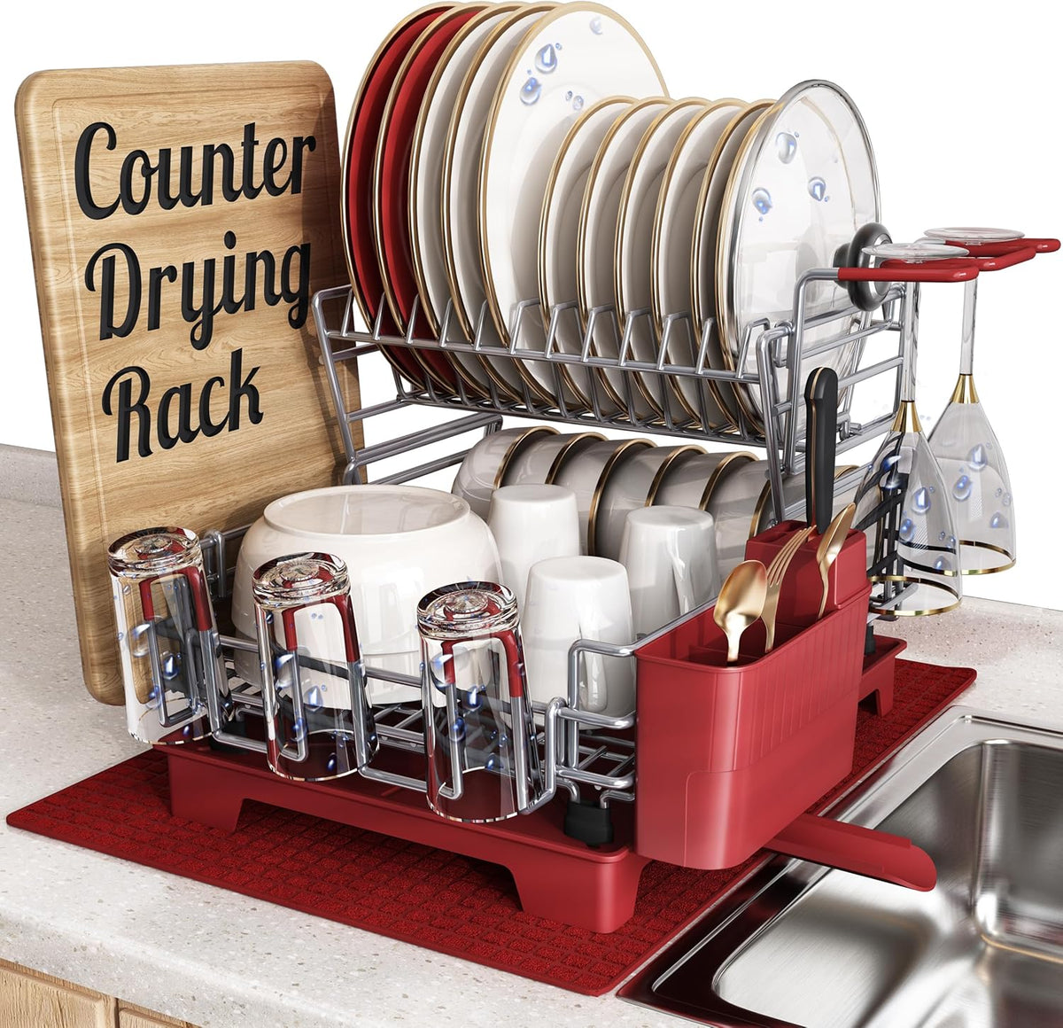 BOOSINY 2 Tier Red Large Stainless Steel Dish Drainers Drying Rack for Kitchen Counter with Drainboard, Rust Proof Metal, Space Saving, Modern Aesthetic, Compact Plates Strainers with Extra Mat
