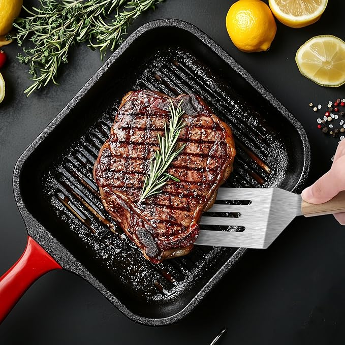 Stainless Steel Spatula Set, Metal Spatula for Cast Iron Skillet, Metal Spatulas for Kitchen Use with Wooden Handle, Ideal for Frying Steak, Pancake, Cookie, Burger, Brownie or Desserts