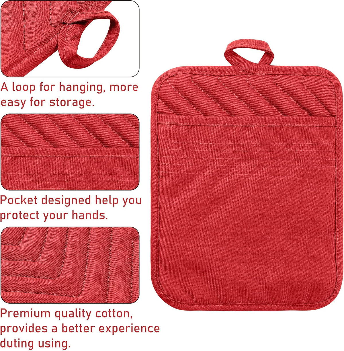 GROBRO7 5Pack Pocket Pot Holders Cotton Heat Resistant Potholder Multipurpose Hot Pads Machine Washable Oven Mitts Potholders Bulk for Daily Kitchen Baking and Cooking 7 x 9 Inch Red