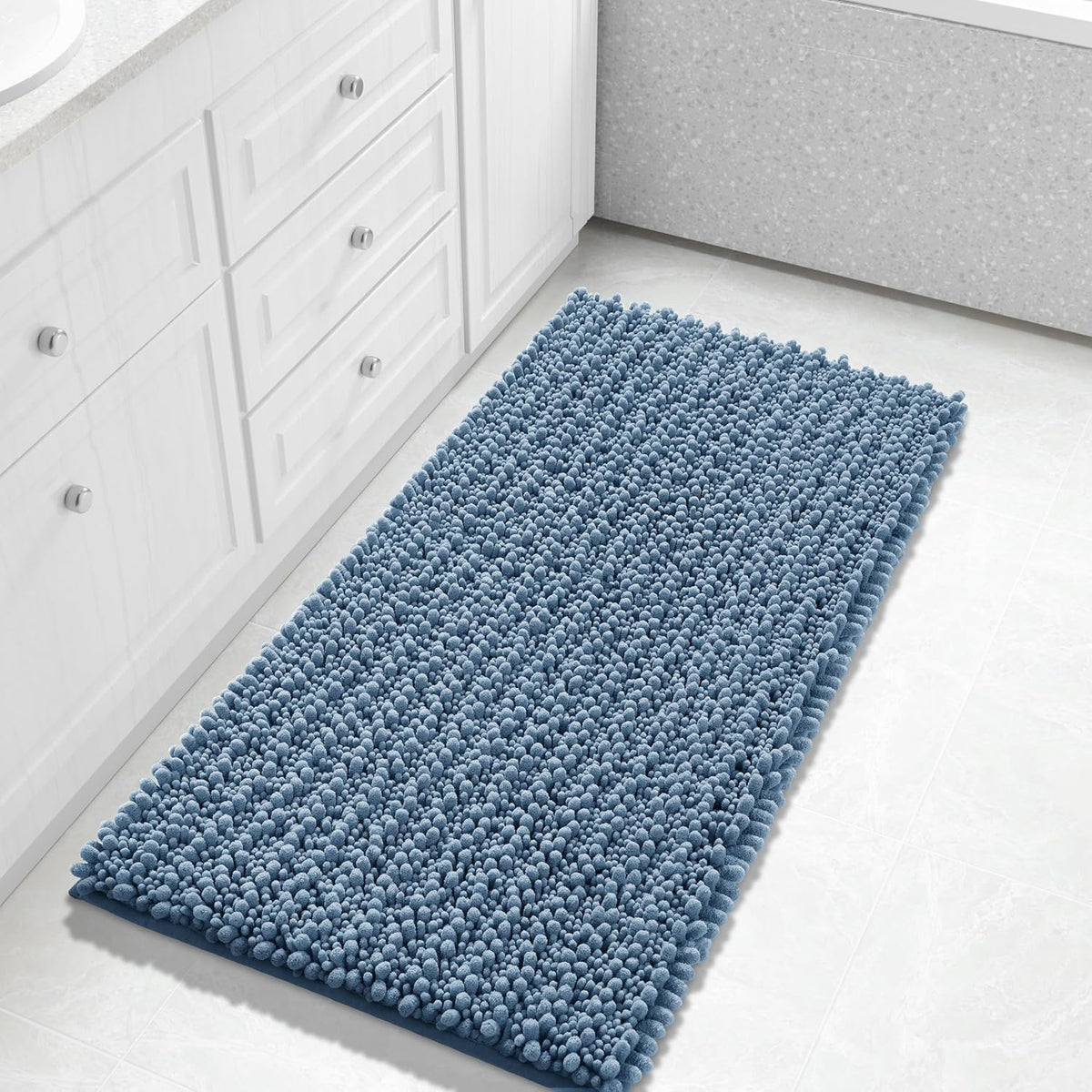Yimobra Long Bathroom Rugs Non Slip Washable 44x24 Inch - Ultra Soft Absorbent Chenille Bath Mat, Quick Dry Shaggy Floor Carpet for Tub Shower, Denim Blue Home Decor Accessories