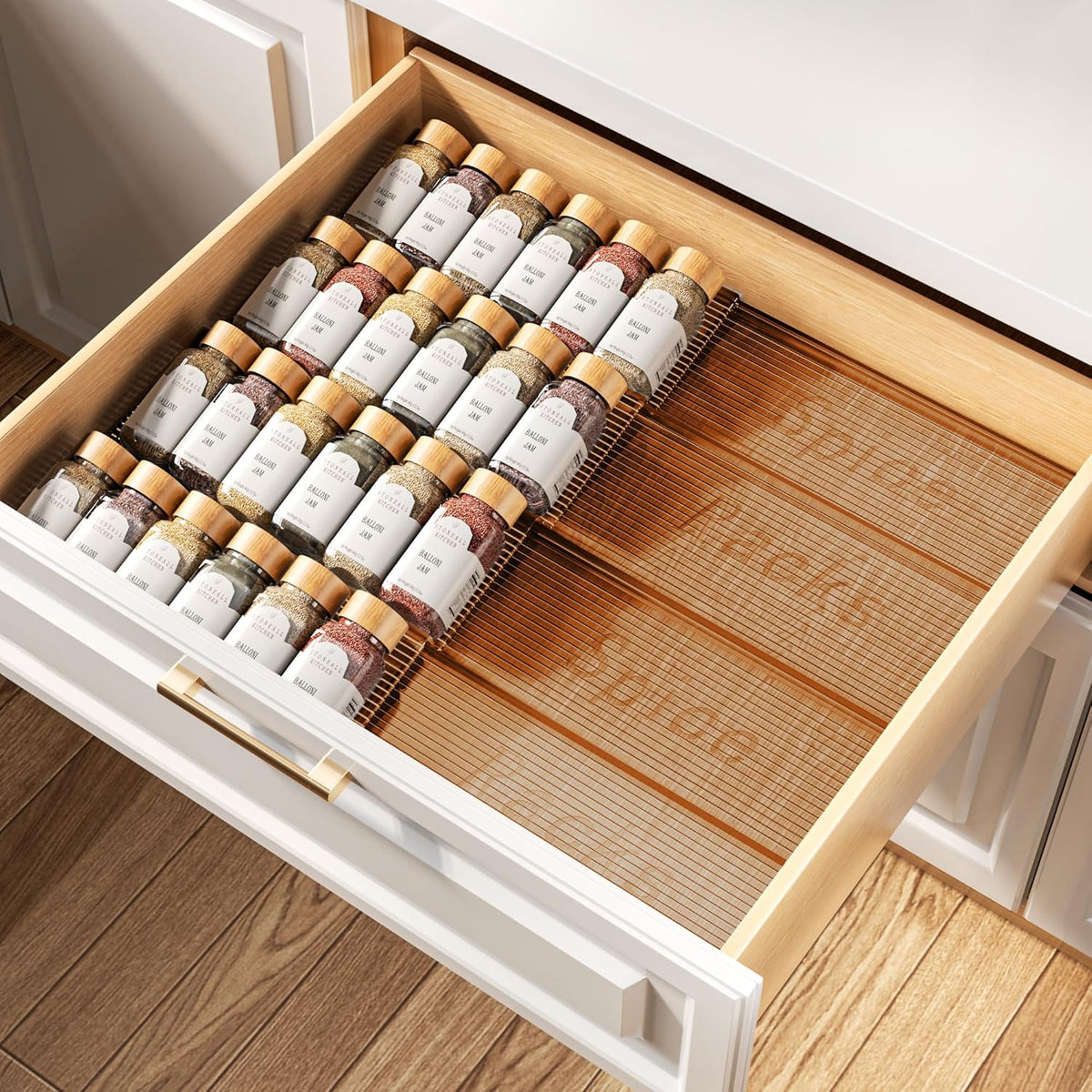 Spice Drawer Organizer, 4 Tier- 4 Pack Amber Acrylic Drawer Seasoning Organizer, Expandable From 11'' to 22'' Kitchen Spice Rack Organizers and Storage for Drawer (Jars not included)