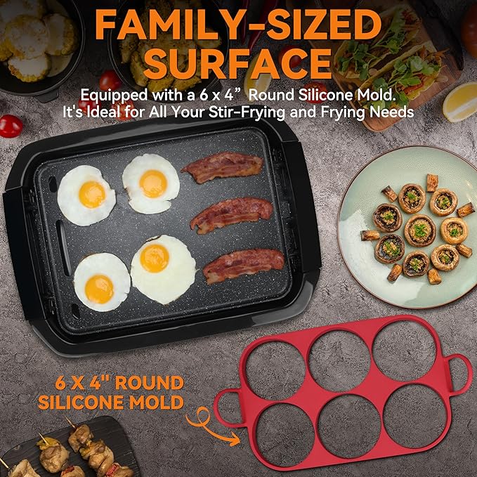 Baker’s Friend Indoor Griddle & Grill, Electric Griddle with 2 in 1 Indoor Grill and Griddle Plate Indoor Grill with Removable Plate, Silicone Mold, Dishwasher Safe, Recipes Include, Graphite