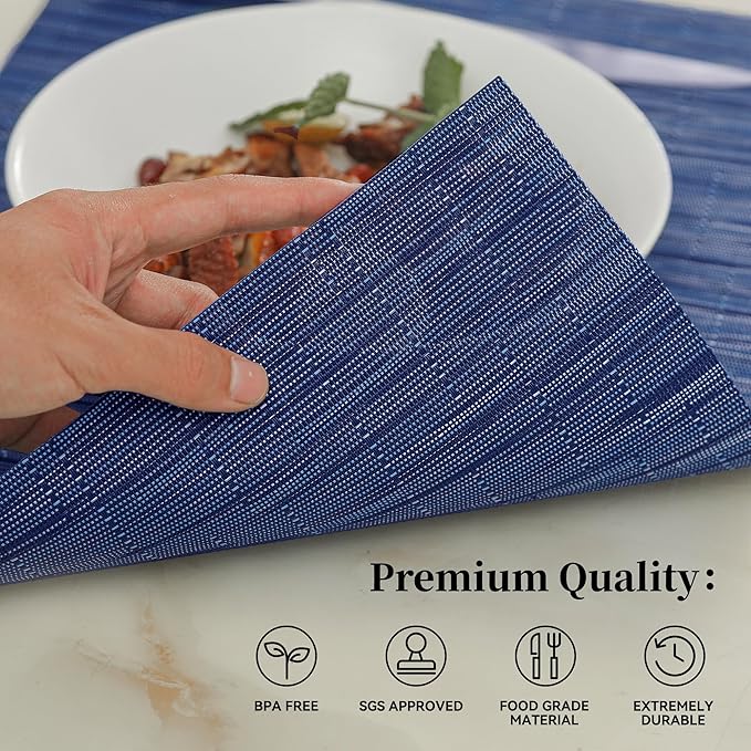 Leetaltree Blue Placemats Set of 4 - Heat Resistant Non-Slip Place mats for Dining Table, Washable Durable PVC Vinyl Woven Table Mats（Blue, 4）