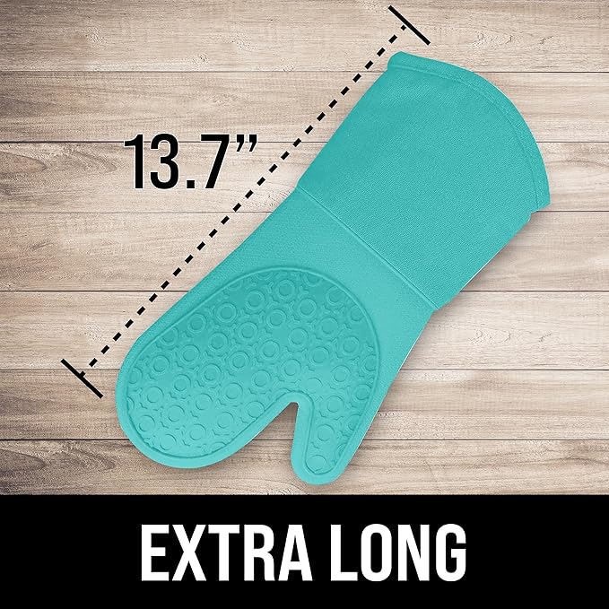 BPA-Free Soft Silicone Oven Mitts - Ultra Heat Resistant Oven Mitts with Thick Cotton Liner - Long Slip Resistant Pot Holders, Flexible Oven Gloves - Turquoise 13.7"