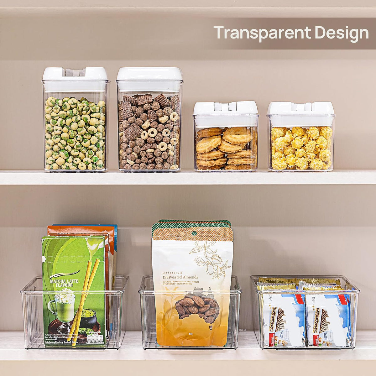 Vtopmart 4 Pack Food Storage Organizer Bins, Clear Plastic Bins for Pantry, Kitchen, Fridge, Cabinet Organization and Storage, 4 Compartment Holder Packets, Snacks, Pouches, Spice Packets