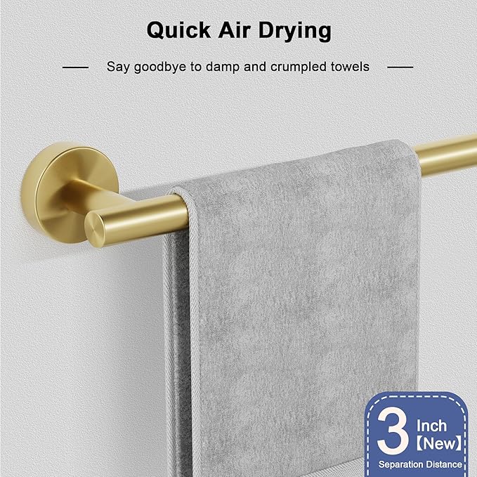 Brushed Gold Towel Bar, 18 Inch Towel Racks for Bathroom Wall Mounted, SUS304 Stainless Steel Bathroom Towel Holder, Total Length 20.4 Inch Towel Bars