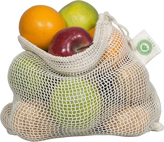 Reusable Cotton Mesh Produce Bags - 100% Organic Cotton, 8"x10", Drawstring Closure Mesh Bags to Store Cilantro, Lime and Small Vegetables and Produce (3 Small - 8"x10")