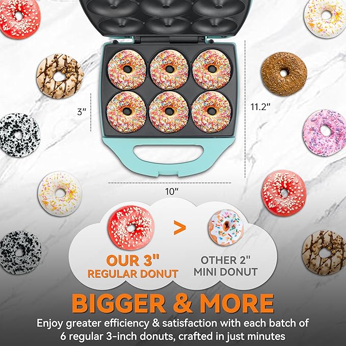 Baker’s Friend Mini Donut Maker Machine for Home, 6 x 3'' Mini Doughnut Maker Machine, Donut Maker for Kids, Maquina Para Hacer Donas, Donut Baking Pan, Donut Party, Aqua