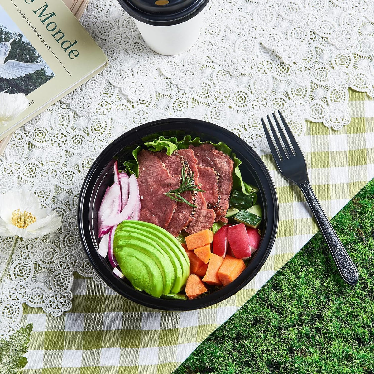 FULING 38 oz 50 ct Round Meal Prep Containers with Lids Plastic Food Storage To Go Lunch Plan Box Disposable Take Out Bowls Black BPA Free Reusable Durable Stackable Microwave Freezer Dishwasher Safe