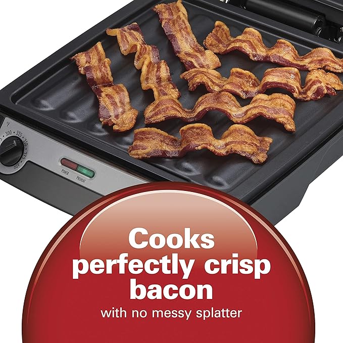 Hamilton Beach 4-in-1 Indoor Grill & Electric Griddle Combo with Bacon Cooker, Opens Flat to Double Cooking Surface, Removable Nonstick Plates, Black & Silver (25601)