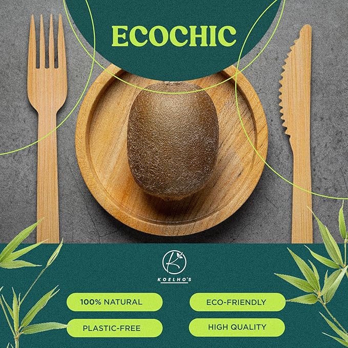 KOELHO'S Pre-Rolled Bamboo Cutlery Set 24-Pack 96 PCS | Bamboo Disposable Utensils 100% Biodegradable and Eco-Friendly | Wooden Utensils Disposable for Parties, Weddings, and Events