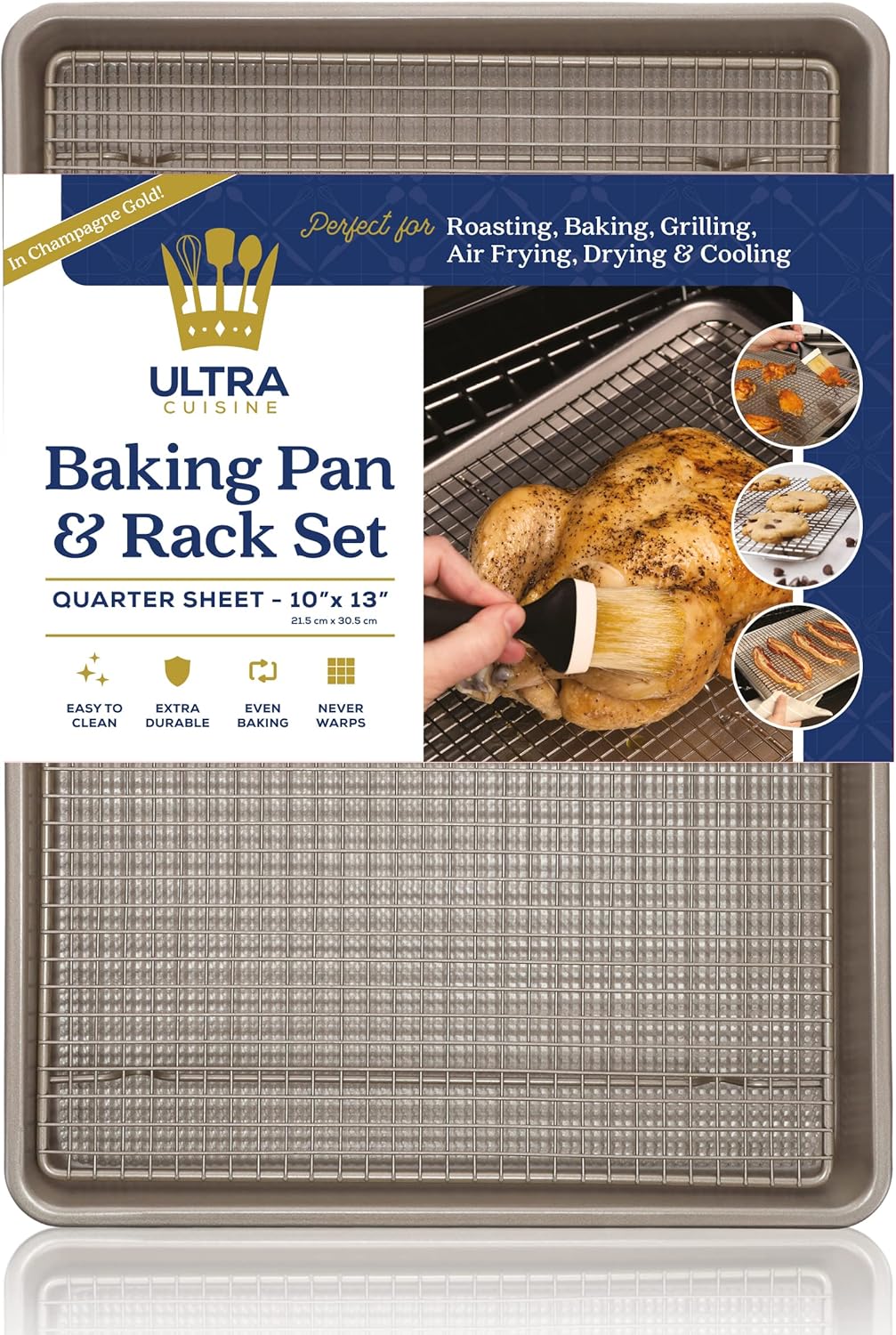Ultra Cuisine Quarter Baking Sheets with 100% Stainless Steel Rack Set - Includes Premium Aluminum Baking Sheet and Dishwasher Safe Cookie Cooling Racks,Commercial Quality 13"x9"x1"
