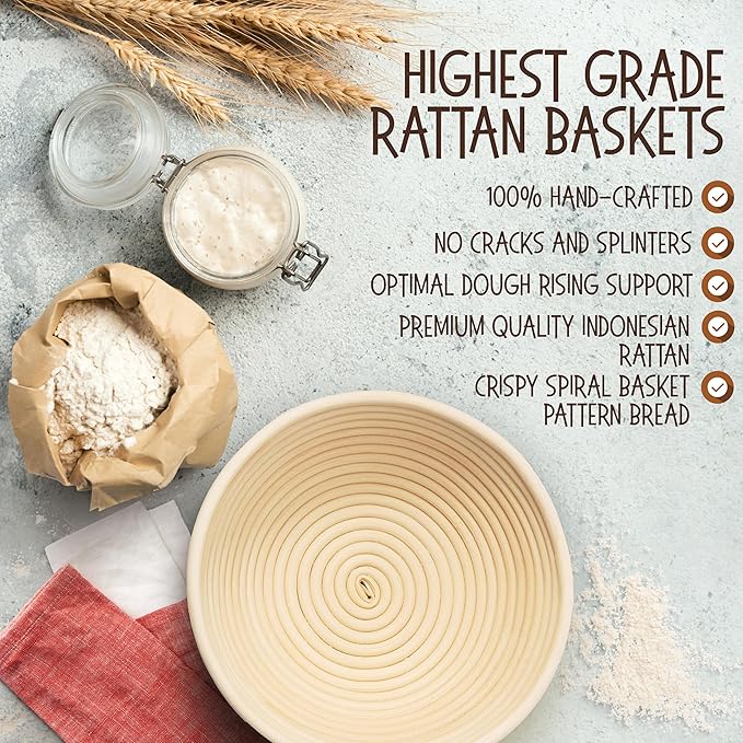 Superbaking 9' Round Banneton Bread Proofing Basket Gift Set– Sourdough Starter Kit for Crusty Artisan Style Loaves, Includes Essential Bread Baking Supplies & Tools - Ideal Gift for Bakers