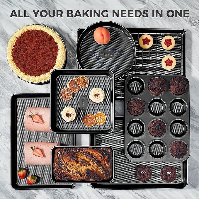 HONGBAKE 9-Piece Baking Pans Set Nonstick, Stackable Non Toxic Bakeware Sets with Diamond Texture, Oven Pan Set for Cooking, Includes Cookie Sheet with Rack, Cake Pan, Roasting Pan, Muffin Tin, Gray