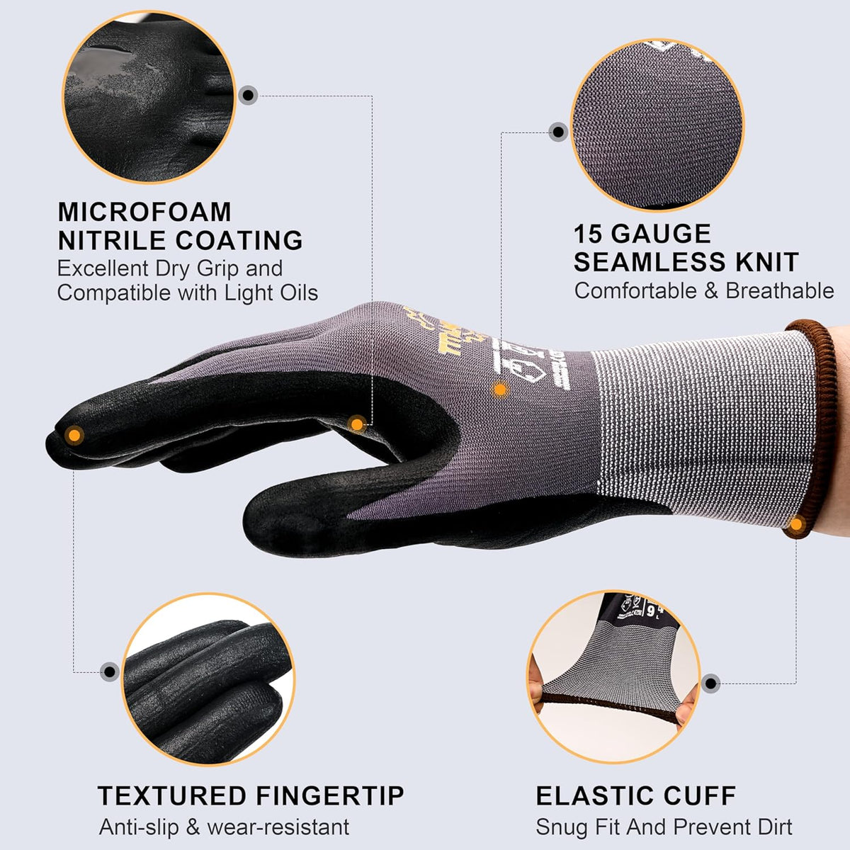 TitanFlex Work Gloves Microfoam Nitrile Coated Men Women, Safety Warehouse Gloves with Grip, Touchscreen, Seamless Knit Nylon