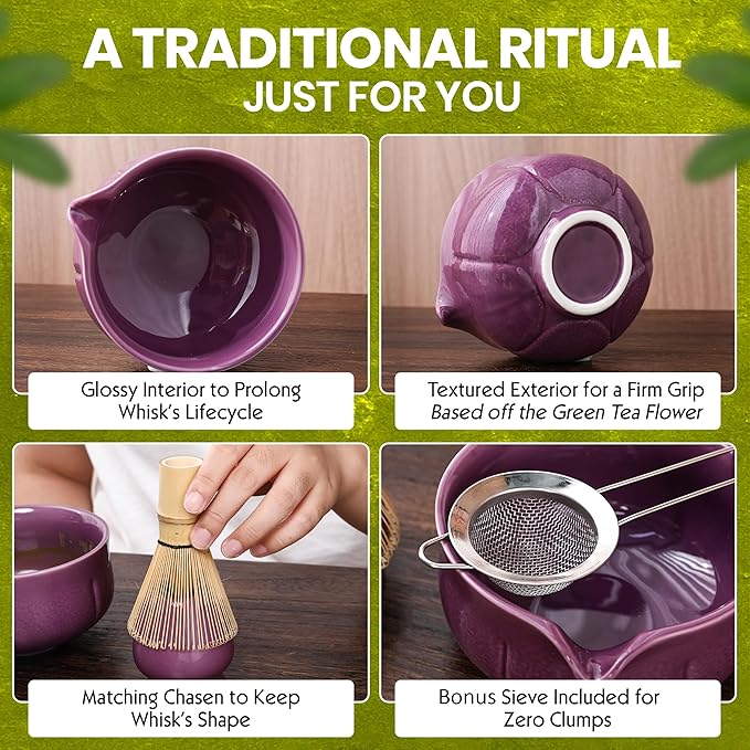 Matcha Whisk Set – 5 Piece Japanese Matcha Tea Set w/Ceramic Matcha Bowl, 100-Prong Bamboo Whisk & Holder, Scoop, & Stainless Sifter – Traditional Matcha Making Kit (Midnight Purple)
