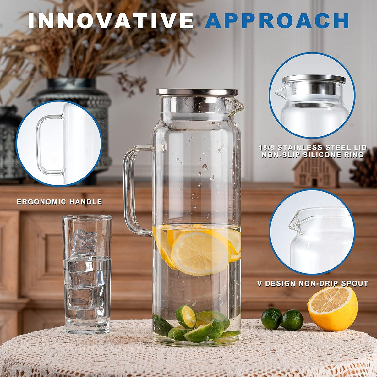 Set of 2 Glass Pitcher with Lid,2 Quart (64 oz / 1.9 Liter) Leak Proof,Glass Water Jugs, BPA-Free,Microwave & Dishwasher Safe Pitcher,Sun & Iced Tea, Sangria,Cold Brew Coffee & More