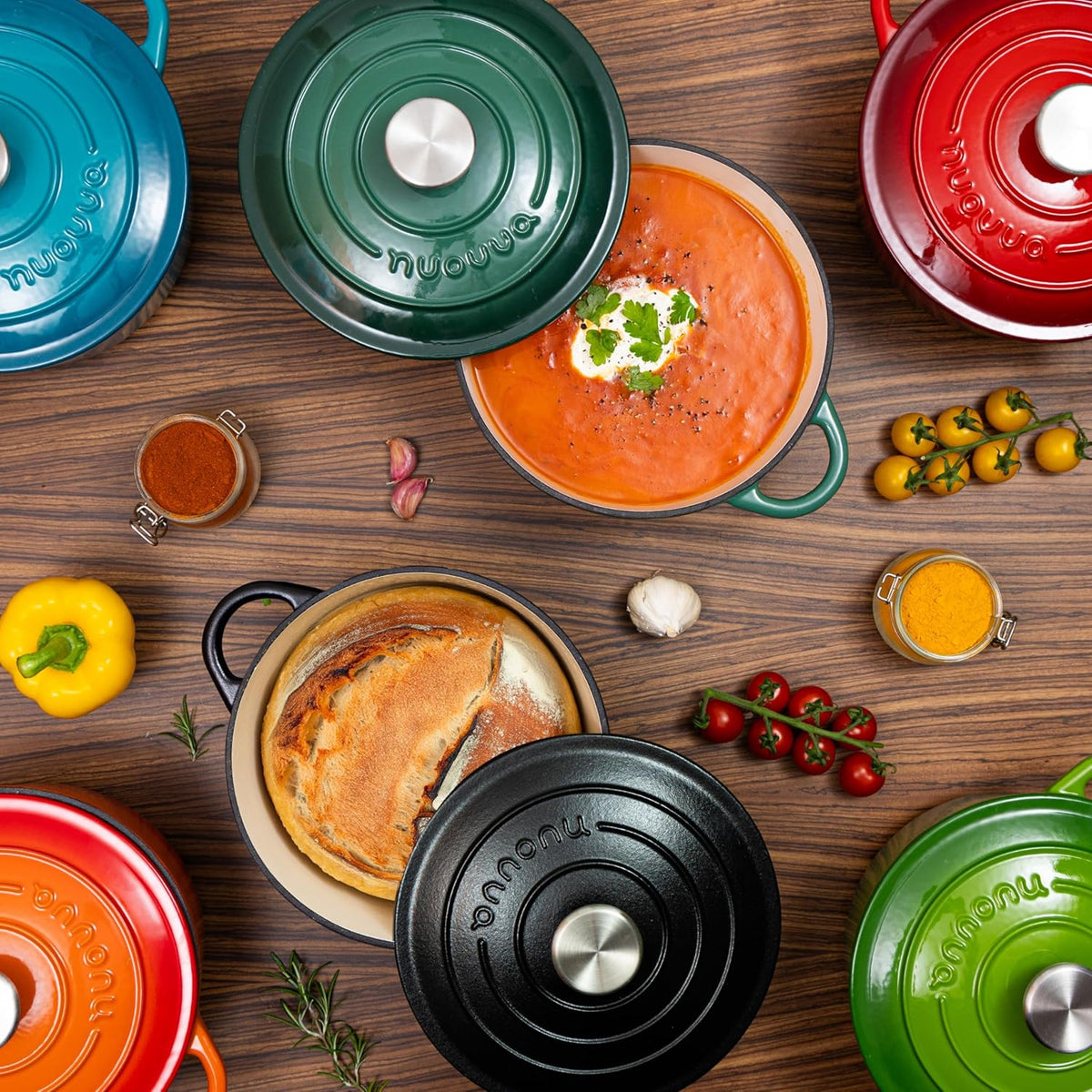 Cast Iron Pot with Lid – Non-Stick Ovenproof Enamelled Casserole Pot, Oven Safe up to 500° F – Sturdy Dutch Oven Cookware – Green, 5-Quart, 24cm – by Nuovva