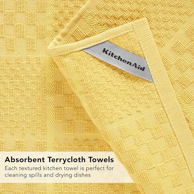 KITCHENAID Quilted Cotton Terry Cloth Oven Mitt, Pot Holder, Kitchen Towel 4-Pack Set, Heat Resistant, Silicone Grip, 16"x26", 7"x13" & 7"x10", Butter Yellow