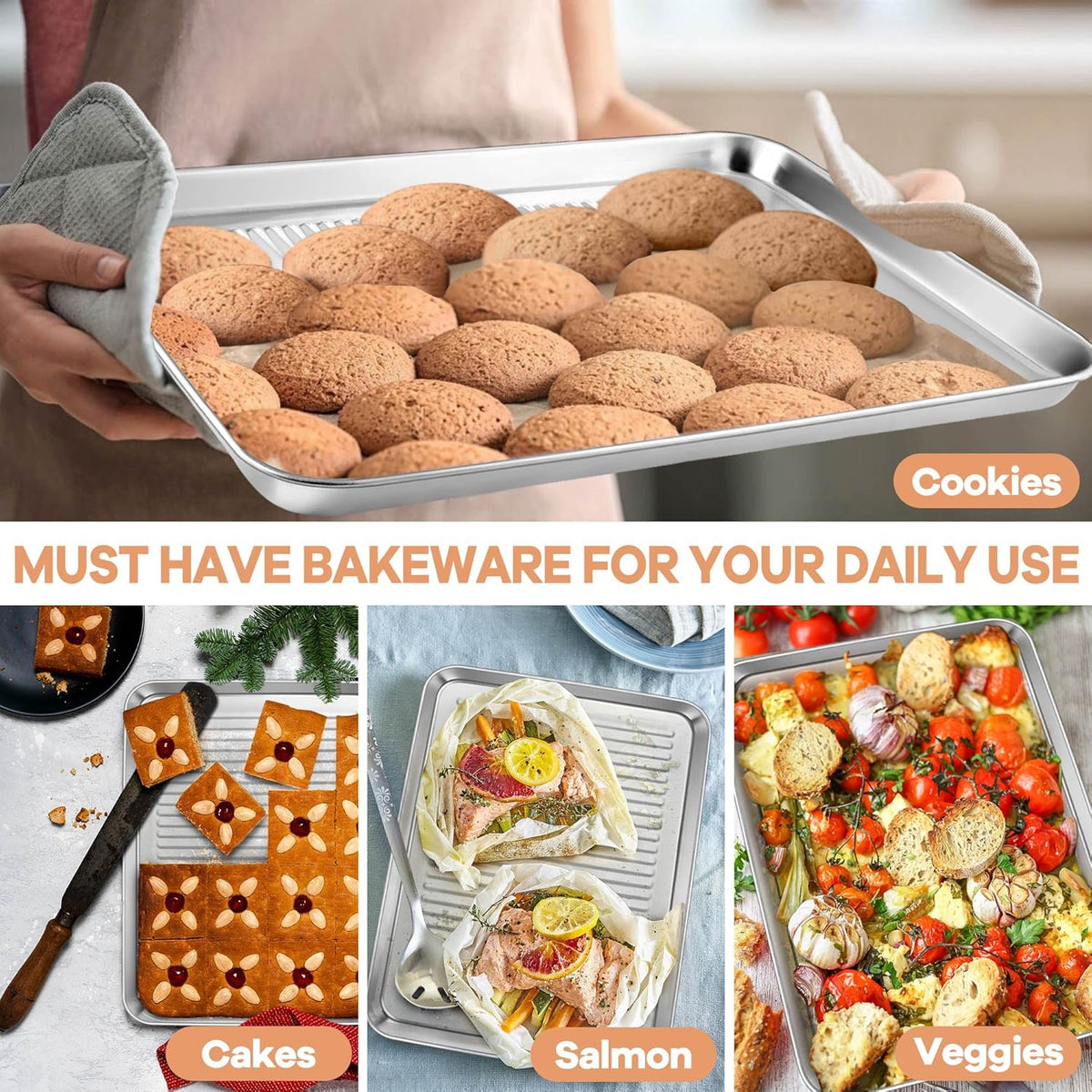P&P CHEF Baking Oven Pan with Wire Rack, Stainless Steel Baking Oven Sheet Tray, Bacon Pan and Cooling Rack for Cooking Roasting Cookie, Dishwasher Safe & Easy Clean, 12.5 x 9.7 x 1 Inch