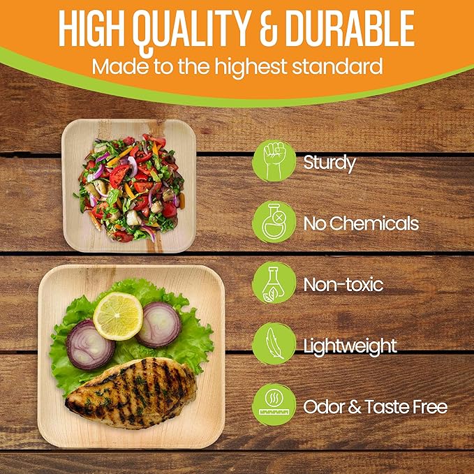 Raj Palm Leaf Plates Bulk [50-Pack] 10" & 7" Square Plates (10 CASES - 500 PACK) like Bamboo plates Disposable, Strong, Decorative Compostable Tableware for weddings, Lunch, Dinners