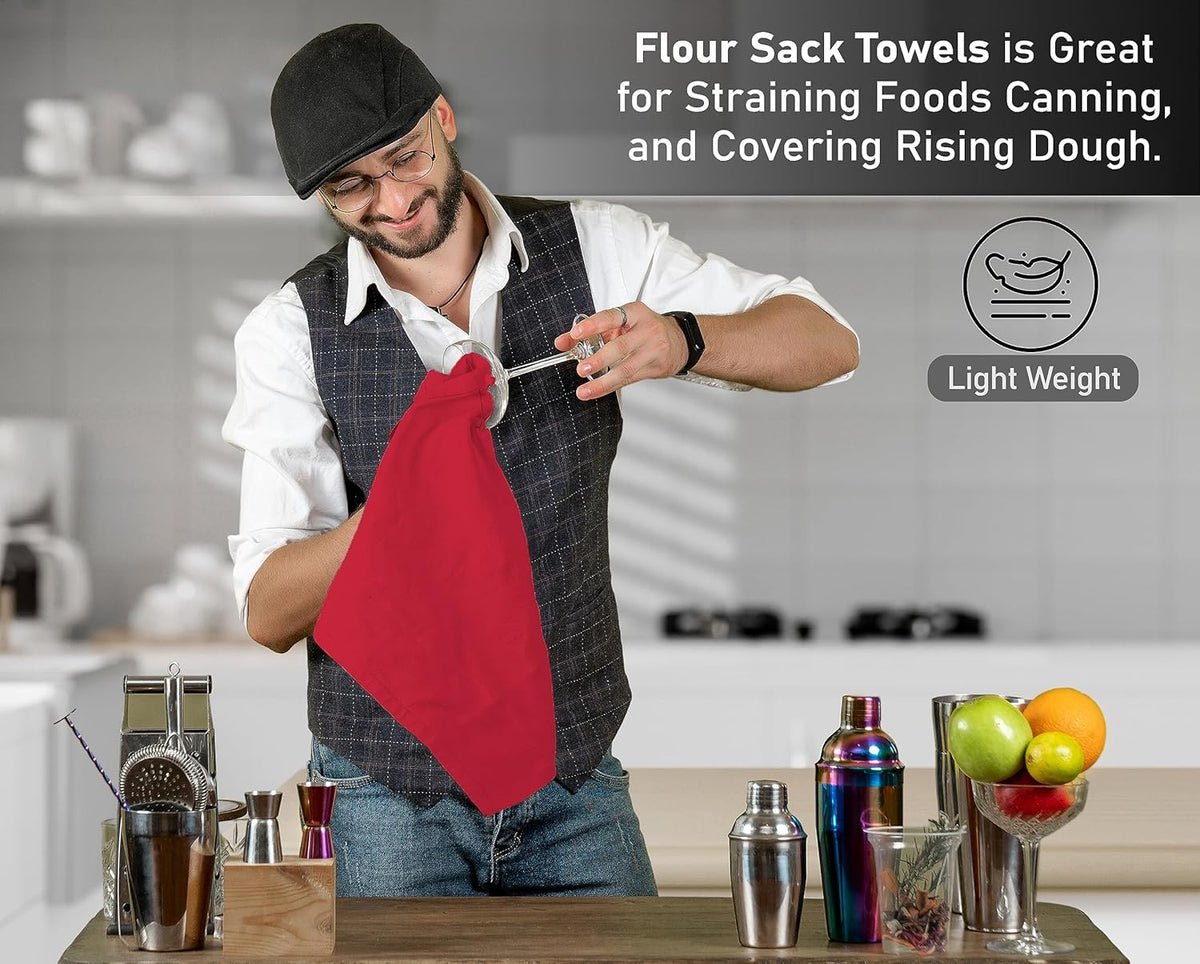 RUVANTI Flour Sack Towels 6 Pack 28x28 Inch, 100% Cotton Tea Towel, Reusable, Machine Washable, Absorbent BarTowels - Dish Cloth Perfect for Drying Dishes & Cleaning - Red