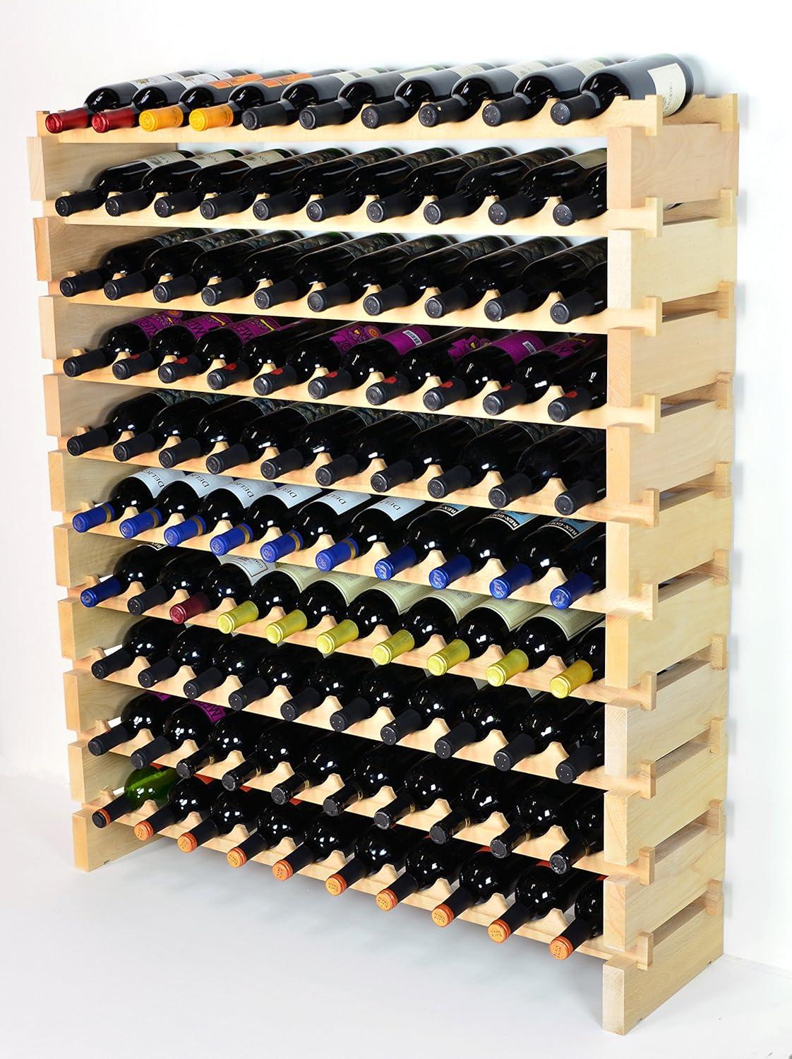 Modular Wine Rack Beechwood 40-120 Bottle Capacity 10 Bottles Across up to 12 Rows Newest Improved Model (100 Bottle - 10 Rows)