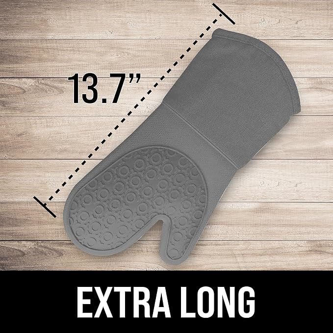 BPA-Free Soft Silicone Oven Mitts - Ultra Heat Resistant Oven Mitts with Thick Cotton Liner - Long Slip Resistant Pot Holders, Flexible Oven Gloves - Gray 13.7"