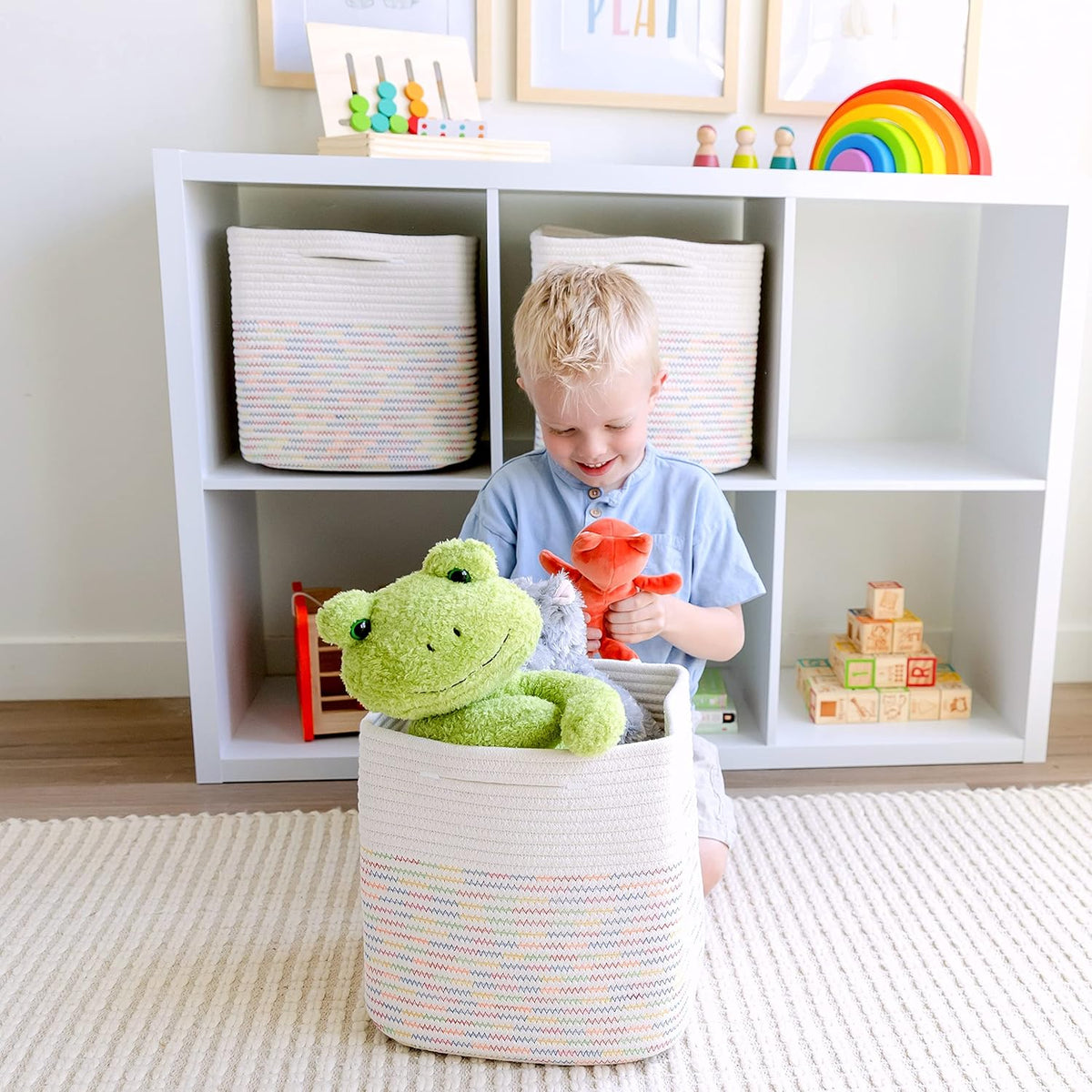 NaturalCozy Storage Cubes 11 Inch Cotton Rope Woven Baskets for Organizing, 3-Pack | Cube Storage Bin | Square Storage Baskets for Shelves Organizer, Classroom, Kids Toy Bins, Closet, Baby Nursery