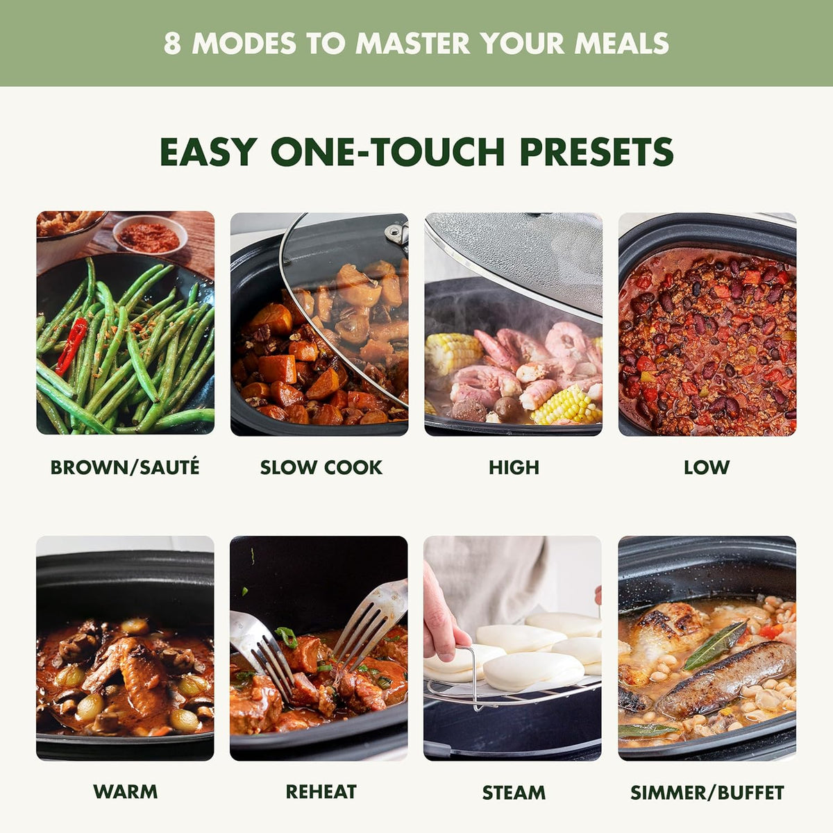 GreenPan Elite 8-in-1 Programmable 6QT Electric Slow Cooker, Dishwasher Safe Lid & Removable Crock, PFAS-Free Healthy Ceramic Nonstick Multi-Cooker, Sear, Sauté, Brown, Steam Basket, Roast, Sage Green